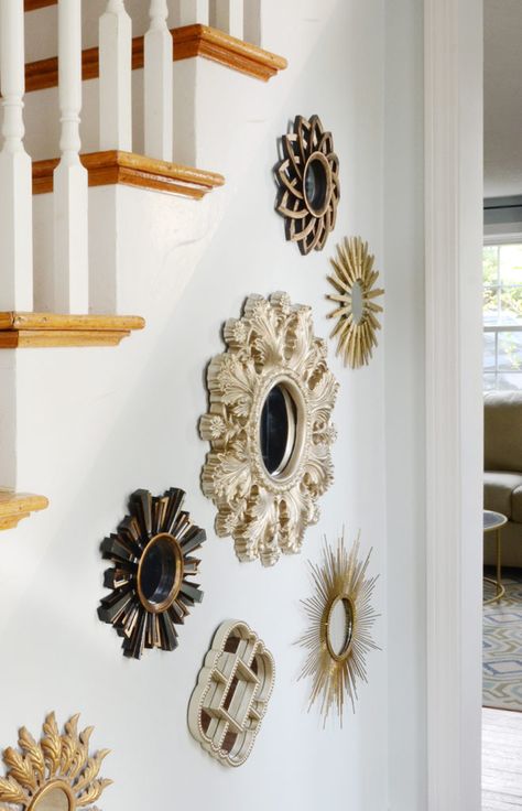 Unique Wall Decor Ideas Creative, Gold Starburst Mirror, Unique Wall Decor Ideas, Wall Trends, Mirror Gallery, Mirror Gallery Wall, Starburst Wall Decor, Starburst Mirror, Wall Signage