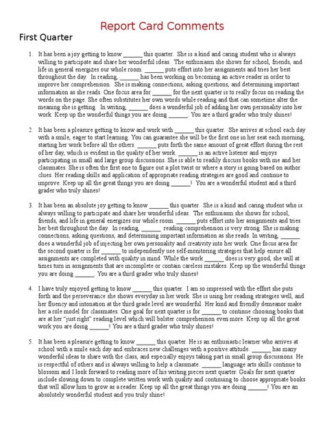 Scholastic Report Card Comment Examples - Download as Word Doc (.doc), PDF File (.pdf), Text File (.txt) or read online. comments Narrative Report Sample Student, Report Writing Examples For Students, Nursery Report Card Comments, Montessori Report Card Comments, Teachers Comments For Report Cards, Preschool Report Card Comments, Remarks For Report Card, Kindergarten Report Cards, Teacher Comments