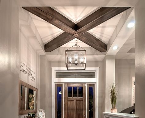 Adding Wood Beams to Your Home on a Budget - Mobile Home Repair Beam And Panel Ceiling, Wood Beams Entryway, Grid Beams Ceiling, Cross Beams On Ceiling, X Beams On Ceiling, Adding Ceiling Beams, Double Wide Ceiling Ideas, Covered Ceiling Ideas, Wood Beams In Tray Ceiling