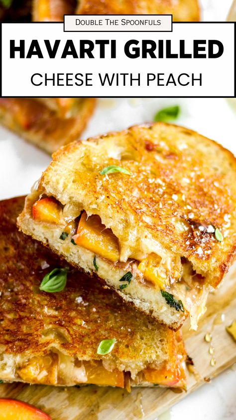 This havarti grilled cheese is the most summery sandwich with perfectly sweet balsamic peaches, prosciutto, fresh basil, and a honey drizzle. For more wonderful grilled cheese flavor combinations be sure to follow along. Fig Grilled Cheese Sandwich, Havarti Cheese Pairing, Honey Peach White Cheddar Grilled Cheese, Sweet Grilled Cheese, Peaches Prosciutto, Havarti Grilled Cheese, Cheese Meals, Fancy Grilled Cheese Recipes, Veggie Grilled Cheese