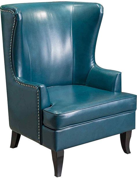 Asstd National Brand Canton High-Back Bonded Leather Wing Chair with Nailhead Trim Teal Color Palette, Leather Wing Chair, Blue Dining Room Chairs, Leather Living Room, Wingback Armchair, Chair Frame, Patio Chair Cushions, Swivel Barrel Chair, Leather Living Room Set