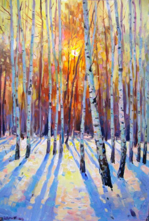 Palette Knife Pine Trees, Painting Acrylic Landscape, Birches Painting, Birch Tree Art, Birch Tree Painting, Paintings Pictures, Landscape Forest, Acrylic Landscape, Acrylic Painting On Paper