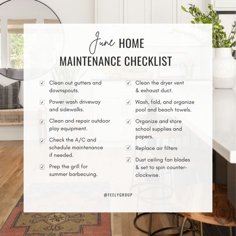 June Home Maintenance Checklist, Homeowner Hacks, Real Estate Slogans, Outdoor Organization, Realtor Social Media, Home Maintenance Checklist, Real Estate Agent Marketing, Maintenance Checklist, Realtor Branding