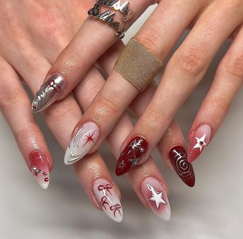 not my photo. Red Y2k Nails, Unique Valentines Nails, Good Nails, Cruise Nails, Coquette Nails, Ideas Uñas, Hard Gel Nails, Asian Nails, Hello Nails