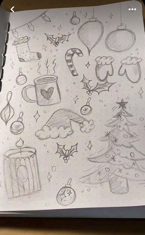 Drawing Inspo Christmas, What To Draw Christmas Edition, Christmas Drawing Inspo Easy, Doodle Christmas Art, Doodle Drawings Christmas, How To Draw A Xmas Tree, Drawing Of Christmas Lights, Christmas Wish List Drawing Ideas, Cute Christmas Things To Draw Easy