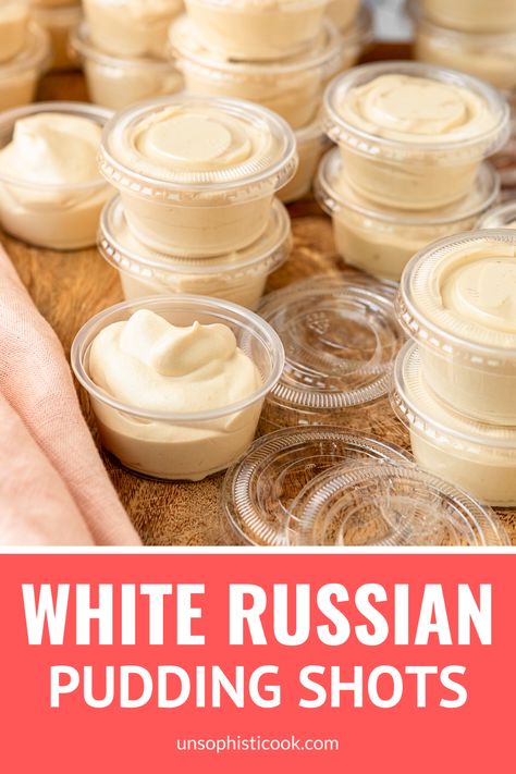 Pudding Shots Recipes, White Russian Pudding Shots, Pudding Shots Alcoholic, Vanilla Pudding Shots, White Party Foods, Chocolate Pudding Shots, Holiday Shots, Pudding Shot Recipes, Shots Recipes