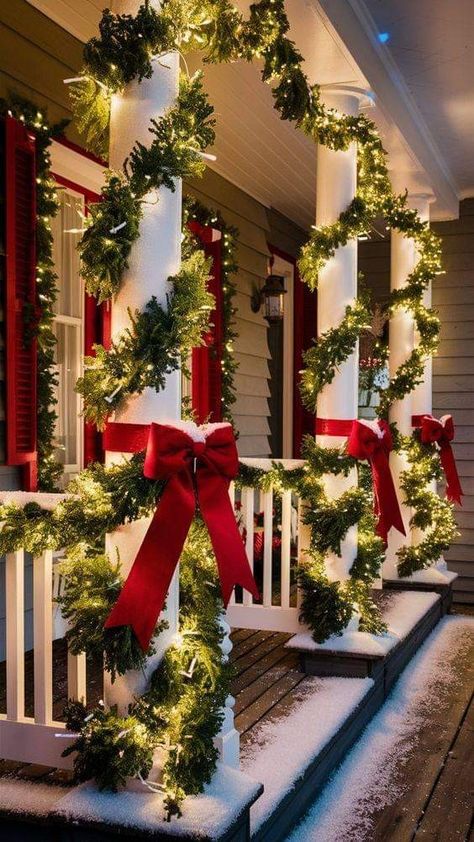 Christmas Decorations Columns, Christmas Porch With Columns, Decorate Porch Pillars For Christmas, Outdoor Christmas Decorations Pillars, Decorate Pillars For Christmas, Candy Cane Porch Pillars, Christmas Decor For Columns, Front Porch Column Christmas Decor, Christmas Pergola Decorations