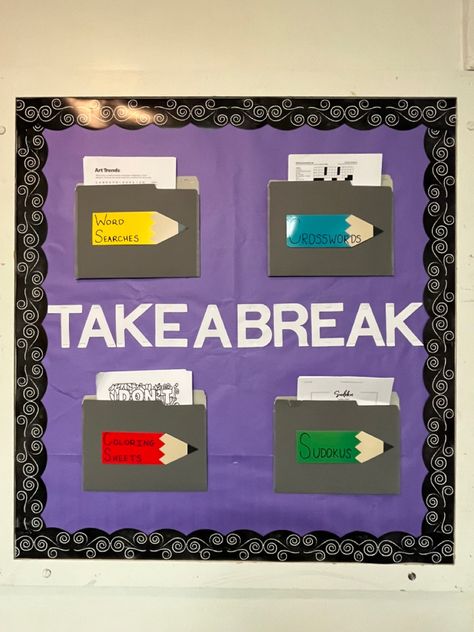 Employee Break Room Bulletin Boards, Hospitality Bulletin Board Ideas, School Counselor Board Ideas, Post Secondary Bulletin Board, Bulletin Board Office Ideas, Spiritual Wellness Bulletin Board, Mental Health Office Decor Ideas Offices, Destress Bulletin Board Ideas, Mens Mental Health Bulletin Board