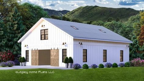 4-Bedroom Two-Story Country Farmhouse Barndominium House With Loft and Screened Porch (Floor Plan) Barn Garage Plans, Barn Layout, Barn Plan, Barn Shop, Door Plan, Barn Style Doors, Upstairs Loft, Barn Garage, Funny Farm