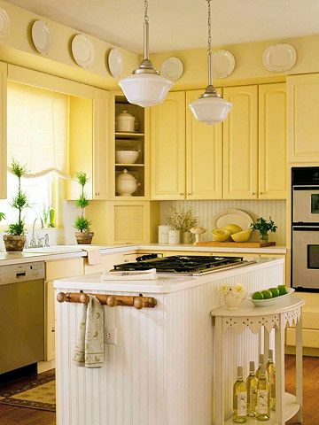 Love the yellow in this cottage-style kitchen. #kitchens  #cottagekitchens homechanneltv.com Low Cost Kitchen Cabinets, Small Country Kitchens, Yellow Kitchen Designs, Yellow Kitchen Cabinets, Yellow Cabinets, Yellow Cottage, Kitchen Cabinets Makeover, Yellow Kitchen, Decoration Inspiration