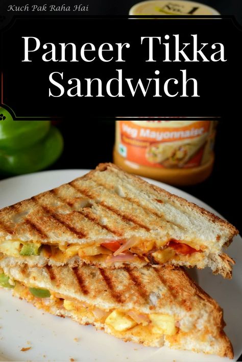 Grilled Paneer Tikka Sandwich Paneer Tikka Sandwich Recipe, Paneer Sandwich Recipes Indian, Paneer Tikka Sandwich, Paneer Sandwich Recipe, Tikka Sandwich, Coleslaw Sandwich, Veggie Sandwiches, Achari Paneer, Grilled Sandwich Recipe