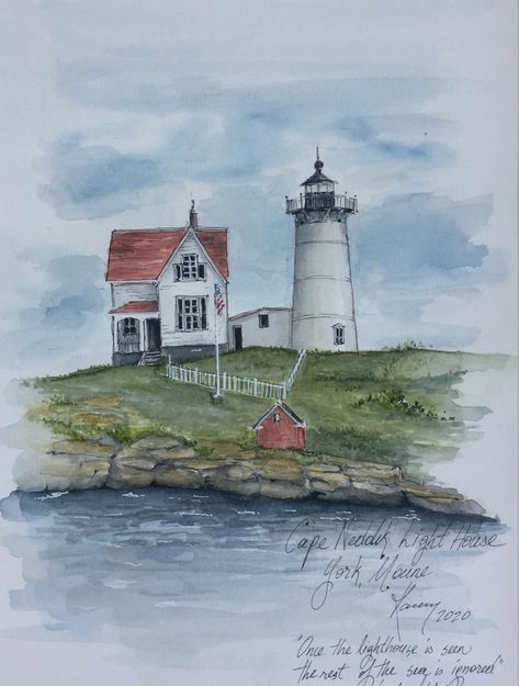 Nubble Lighthouse Maine, Maine Watercolor, Lighthouse Maine, Nubble Lighthouse, Lighthouse Drawing, Maine Lighthouses, Post Grad, Watercolor Drawing, Frame Wall