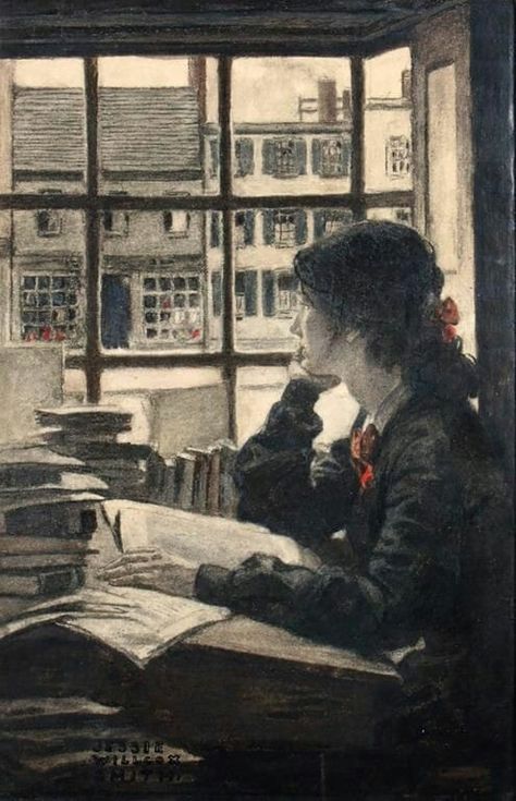 "Young woman gazing", 1900 Jessie Willcox Smith (1863-1935, American) Joseph Parker, Jessie Willcox Smith, Wedding Fireplace, Classic Illustration, Background Reference, People Reading, Woman Reading, Reference Poses, I Love Books