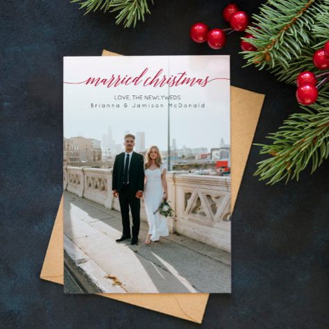 Married Christmas Newlywed Photo Red Holiday Card #zazzle #weddinginvitations #birthdayinvitations #babyshowerinvitations #zazzleinvitations #monogram #businesscards #graduation #homedecor Newly Wed Christmas Cards, Couples Christmas Cards, Newlywed Christmas Card, Marry Christmas Card, Wedding Christmas Card, Couple Christmas Card, Christmas Card Messages, Newlywed Christmas, Christmas Collage