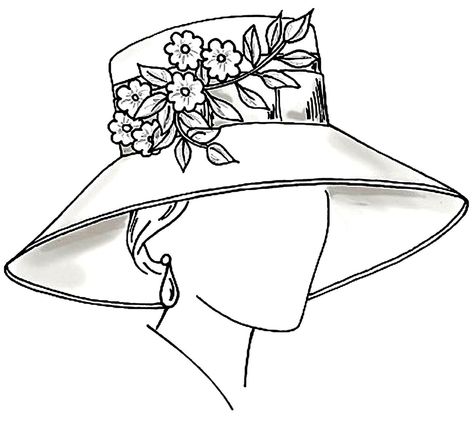 My hat. Hat Sketch Design Drawings, Woman In Hat Drawing, Women With Hat Drawing, Hat With Flowers Drawing, Fancy Hat Drawing, Lady With Hat Drawing, Hat Sketches Design, Hat Design Drawing, How To Draw A Hat