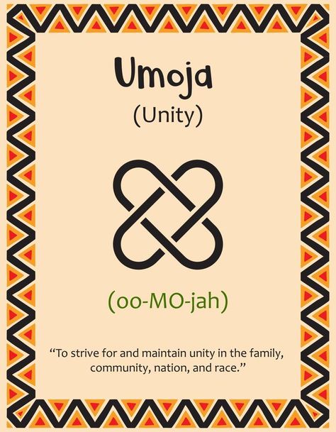 A card with one of the Kwanzaa principles. Symbol Umoja means Unity in Swahili. Poster with sign and description. Ethnic African pattern in traditional colors. Vector illustration Umoja Kwanzaa, Kwanzaa Umoja, Pet Advertising, Kwanzaa Principles, African Symbols, Illustration Advertisement, Holiday Inspo, Vector Brush, Creative Hair