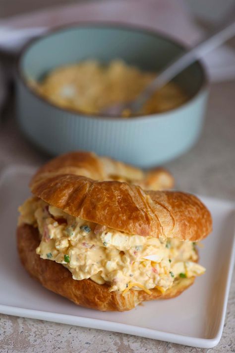 Pimento Cheese Egg Salad Pimento Cheese Croissant, Masters Recipes, Pimento Cheese Sandwich, Augusta Masters, Eggs Salad, Pimento Cheese Sandwiches, Cheese Croissant, Cooking Substitutions, Soft Bread