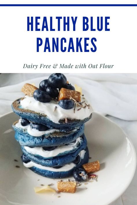 These blue pancakes will be a family favorite! They are gluten free and dairy free. Made with healthy ingredients like oat flour, banana, soy milk, and coconut oil. #bluefood #bluepancakes #bluespirulina #glutenfree #glutenfreepancake #pancakerecipe #dairyfreepancake Blue Pancakes, Blue Pancake, Sommer Mad, Blue Spirulina, Oat Pancakes, Blue Food, Cute Desserts, Puddings, Beautiful Food