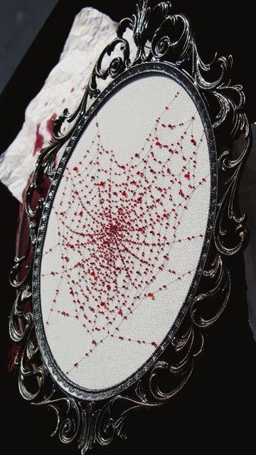 Thread Handed Jill on Instagram: "This spiderweb might have caught more than flies 🩸" Spiderweb Diy, Embroidery Goth, Spiderweb Decor, Bedroom Goth, Horror Embroidery, Spiderweb Embroidery, Goth Embroidery, Gothic Embroidery, Dark Embroidery