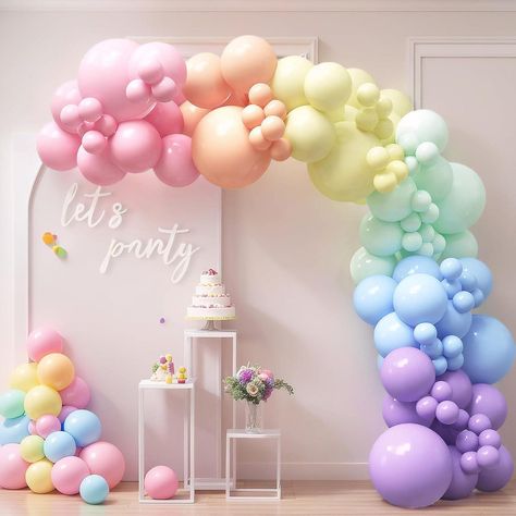 140PCS Pastel Rainbow Balloon Arch Garland Kit - Balloon Arch Kit-Birthday Balloons, Globos para Decoracion de Fiestas for party decorations | Oriental Trading Pastel Rainbow Balloon Arch, Rainbow Theme Party Decorations, Rainbow Wedding Theme, Rainbow Balloon Arch, Rainbow Garland, Rainbow Theme Party, Rainbow Parties, Graduation Party Decorations, Balloon Stands