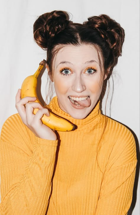 Yellow, photoshoot, editorial Banana Photoshoot, Silly Portrait, Yellow Photoshoot, Fruit Shoot, Yellow Banana, Gold Bangles For Women, Fruit Photography, Fun Photoshoot, Portrait Photoshoot