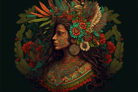 Mexican Goddess Art, Mexican Art Traditional Aztec, Xochiquetzal Goddesses, Aztec Women Warrior Goddesses Tattoo, Mexican Inspired Tattoos Aztec Warrior, Aztec Goddess Art, Mexican Folklore Art, Xochiquetzal Tattoo, Aztec Flower Tattoo