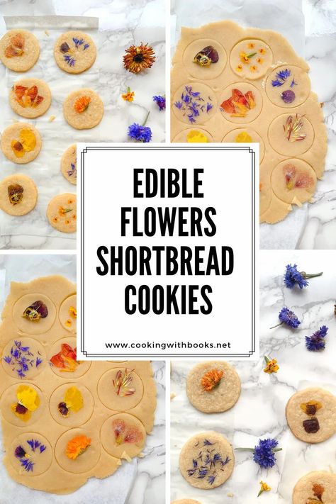 Edible Flowers Shortbread Cookies from Cooking with Books | Sometimes, the simplest recipes are the ones that bring me the most joy. These Edible Flowers Shortbread Cookies are easy to make and look impressive with very quick steps! Flower Cookies Recipe, Flowers Cookies, Kitchen For Cooking, Flower Desserts, Countryside Life, Edible Flowers Recipes, Cookie Dough Recipes, Cake Cookie, Almond Flavor