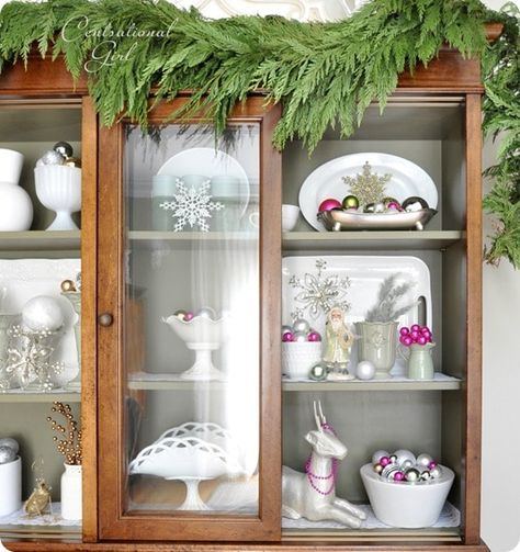 Christmas Cupboards, Hutch Styling, Fun Decorations, Hutch Decor, Milk Glass Collection, Diy Dining Room, Kitchen Decorations, China Hutch, Dining Room Hutch