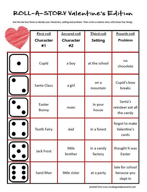 Roll A Story For Kids, Roll A Story Free Printable, Roll The Dice Writing Prompt, Writing Challenge Roll The Dice, Create A Character Dice Roll, Valentines Day Reading Activities, February Writing Prompts For Kids, February Writing Prompts, Roll A Story