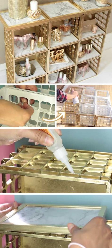 Dollar Tree Crate Organizer. Spray paint plastic storage crates with metallic paint. Add a bit of marble scrapbook paper or shelf liner paper to gold picture frames and lay on top of and inside the crates creating a shelf. Great idea that looks amazing! Not sure how sturdy this would be though. Gold Organizer, Organizer Diy, Painting Plastic, Dollar Tree Decor, Living Room On A Budget, Diy Home Decor On A Budget, Tree Crafts, Easy Home Decor, Dollar Tree Crafts