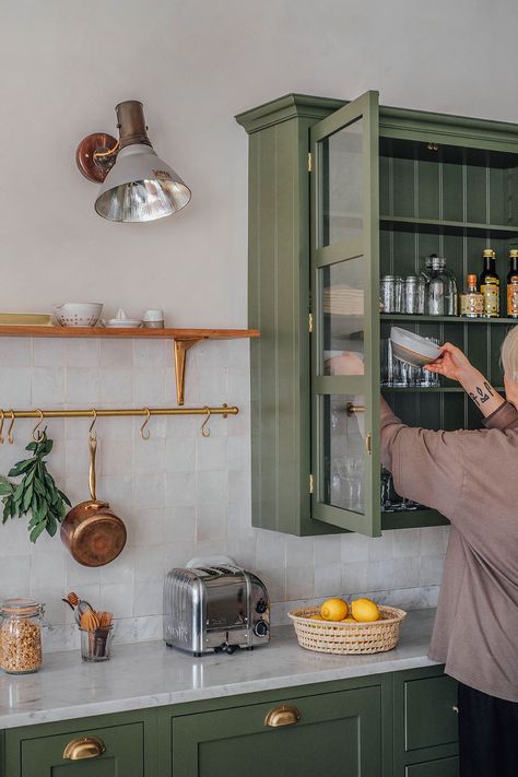 Devol Kitchen Prep Table, Devol Kitchens Cotes Mill, Devol Pantry Cupboard, Devol Kitchen Pot Rack, Light Airy Bedroom, Devol Creamware Pendant, Sage Kitchen, British Kitchen, Pantry Wall