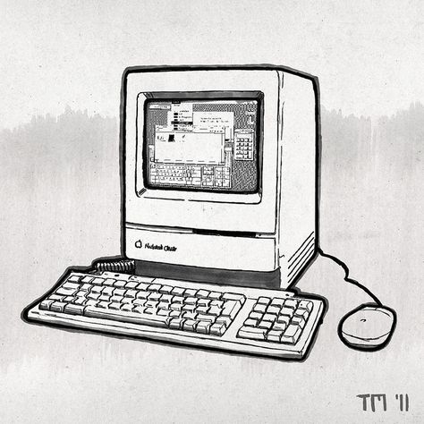 Sketch of a Apple Macintosh Classic Drawing Of Apple, Marker And Watercolor, Computer Sketch, Computer Gadgets, Apple Macintosh, Drawing Programs, Mouse And Keyboard, Computer History, Copic Marker