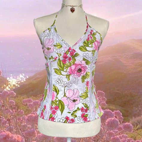 y2k floral halter top ☽༓･*˚⁺‧͙ early 2000s Charlotte... - Depop Criss Cross Halter Top, 2000 Vibes, Y2k Halter Top, Floral Halter Top, Dr Closet, Hawaiian Hibiscus, What A Girl Wants, Coconut Girl, Girls Prints