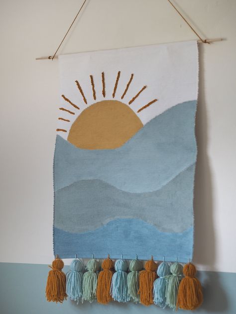 How to make a DIY wall hanging using a table runner. Ocean under the sea themed for a baby nursery. Handmade decor for your home. Craft inspiration Sand Wall Hanging, Ocean Macrame Diy, Ocean Themed Macrame, Ocean Wall Hanging, Sea Themed Macrame, Macrame Wall Hanging Beach, Boho Crafts, Temporary Wall, Diy Boho