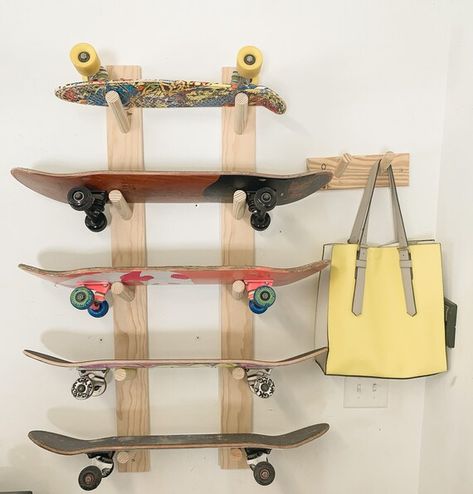 Skateboard Racks Diy, Diy Yoga Mat Holder, Skateboard Mount, Skateboard Holder, Skateboard Storage, Skateboard Wall Mount, Skateboard Rack, Penny Boards, Surfboard Storage