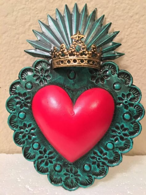 Mexican Milagro Folk Art Tin Heart Wall Valentine Queen of Hearts Love Token | #1913770519 Mexican Heart, Sacred Heart Art, Heart On Fire, Punched Tin, Mexican Crafts, Mexican Decor, Tin Art, Love Token, Heart Wall