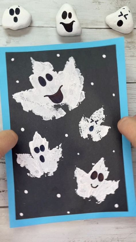 Leaf printed ghosts! #halloweencrafts #halloweenlover #ghosts | Kids Craft Barn | Global Genius · Lunchbox Surfer Ghost Crafts For Kids Preschool, Preschool Ghost Craft, Halloween Cards Diy, October School, Bricolage Halloween, Preschool Crafts Fall, Preschool Fall, Ghost Crafts, Kindergarten Art Projects