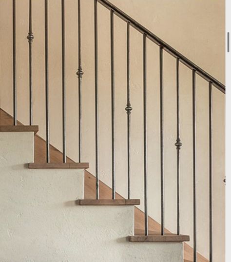 Traditional Iron Stair Railing, Stair Railing Ideas French Country, Staircase Wrought Iron, French Staircase Railing, Spanish Stair Railing, Modern Farmhouse Staircase Railing, Iron Banisters And Railings, Stair Railings Farmhouse, Iron Spindle Staircase