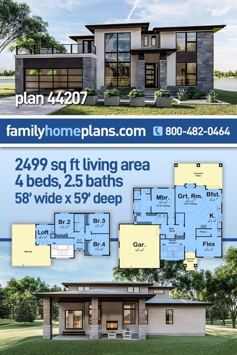 Modern Prairie Style House Plan With Balcony - Family Home Plans Blog Balcony Over Garage, Plan Garage, Modern Prairie, Prairie House, Barn Living, Prairie Style Houses, Two Story House, Building A Tiny House, Lake House Plans