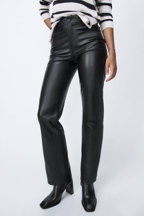 28 New Zara Styles That Are So Cool | Who What Wear Leather Trousers Outfit, Red Cargo Pants, Zara Leather Pants, Fitted Slacks, Faux Leather Trousers, Leather Shirt Dress, Zara Trousers, Basic Black Dress, Black Dress Trousers