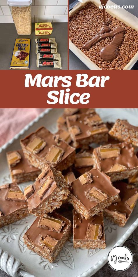 This super easy no-bake slice is perfect for a shared morning tea or to pop into lunchboxes. Made with Mars Bars, butter, rice bubbles and milk chocolate, it's a deliciously indulgent sweet treat. #vjcooks #nobake #chocolateslice #morningtea #lunchbox #sweettreat Mars Bar Slice Recipe, Rice Bubbles Recipes, Sweet Tray Bakes, Rice Bubble Recipes, Lunchbox Baking, Rice Bubble Slice, Marshmallow Slice, Chocolate Weetbix Slice, Christmas No Bake Treats