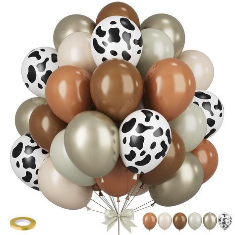 PRICES MAY VARY. 35Pcs Cowboy Balloons: This brown balloon decoration set includes 6PCS -retro brown color, 6pcs retro ivory, 7pcs -retro sand white, 5pcs retro khaki, 6pcs metal camellia gold, 6pcs cow print balloons, and 1 roll of gold ribbon. This brown birthday decoration set offers a stunning combination of colors, carefully curated to create a beautiful and visually appealing display. Experience a delightful atmosphere with our balloon set! Premium Quality: Made from genuine natural latex, Yellowstone Bday Party, Country Decor For Party, Cowboy Party Balloons, First Rodeo Birthday Balloons, Cowboy Theme First Birthday Party, Wild West 2nd Birthday, Rodeo Party Decorations Western Theme, Western Prom Decorations, 30th Rodeo Party