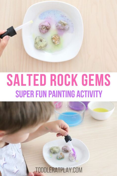 Painting Salted Rock Gems - Toddler at Play | Kids Crafts & Activities - Activities Geology Activities, Kids Painting Activities, Summer Activities For Toddlers, Art Activities For Toddlers, Montessori Toddler Activities, Toddler Classroom, Preschool Activities Toddler, Gem Crafts, Toddler Arts And Crafts