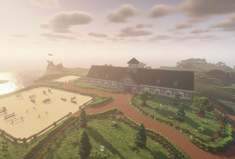 Horse Pasture Minecraft, Stables In Minecraft, Horse Arena Minecraft, Swem Barn Ideas Minecraft, Minecraft Horse Stables Big, Swem Stable Ideas Minecraft, Minecraft Horse Track, Swem Minecraft Stable Ideas, Equestrian Minecraft