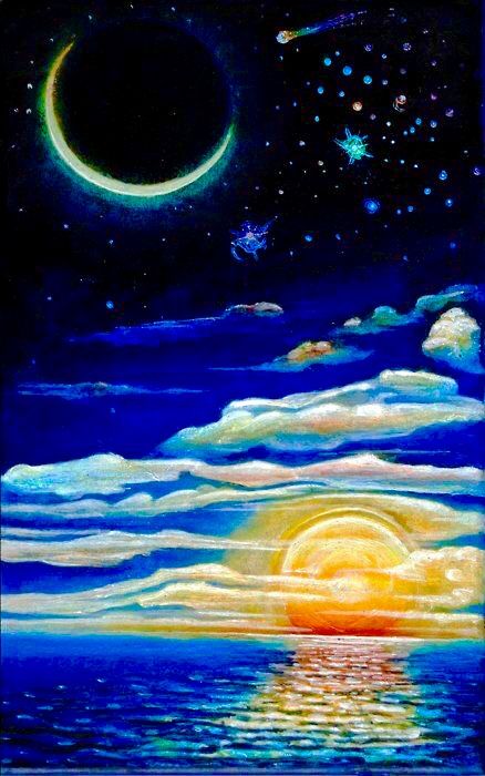 The Sun, The Moon & The Stars Art Moon Chalk Art, Sun Moon Stars Art, Sun And Moon Drawing Paintings, Moon And Stars Art, Sun And Moon Painting, Moon And Sun Painting, Red Art Painting, Moon Stars Art, Sea Drawing