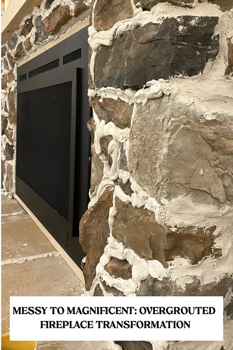 Overgrouted stone fireplace with visible thick mortar. Overgrouted Stone Fireplace Diy, Overgrout Fireplace, Over Grouted Stone Fireplace, Overgrouted Stone Fireplace, Overgrouted Stone, Fireplace Transformation, Stone Veneer Fireplace, Swimming Pool Chemicals, Landscaping Tools