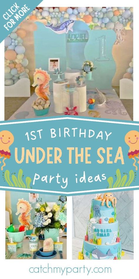 Ocean Themed One Year Old Birthday, Under Sea Birthday Party Decorations, Sea World Theme Birthday Party, Water Themed 1st Birthday Party, Under The Sea 1st Birthday Party, 1st Birthday Water Theme, First Birthday Water Theme, Under Water Birthday Theme, Underwater First Birthday Party