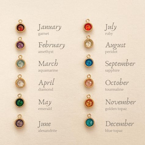 Birth Stones And Meanings, Tab Meaning, Birth Stone Rings, Birth Stone Necklace, Initial Birthstone Necklace, Birth Stones, Birthstones By Month, Custom Charm Necklaces, 4 Characters