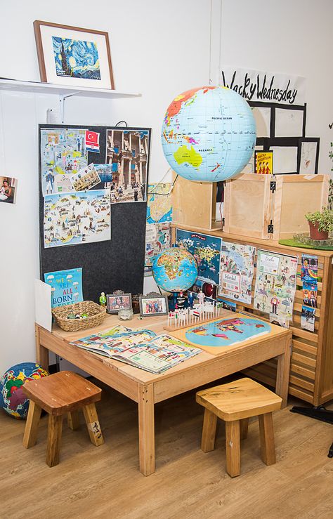 Inviting geography play space ready for play based learning. Geography Room, Reggio Emilia Classroom, Reggio Inspired Classrooms, Reggio Classroom, Classroom Layout, Classroom Organisation, Montessori Classroom, Play Based, Classroom Design