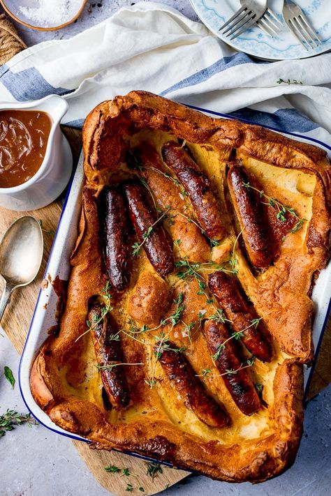 Red Onion Gravy, Yorkshire Pudding Batter, Parboiled Potatoes, English Dishes, British Foods, Pork Sausages, Yorkshire Pudding Recipes, Hp Sauce, Mustard Powder